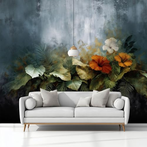 Vlies Fototapete 300x210 cm - Foto Tapete Schlafzimmer Wohnzimmer Flur Geheimnisvolle Dschungelblätter Blumen Grau Moderne Vliestapete Wandtapete Motivtapeten Bildtapete 3d Effekt Wanddeko