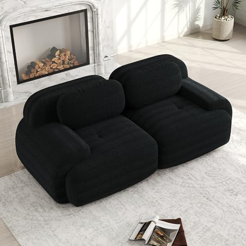 Modernes Cord Sofa Loveseat Modulares 2-Sitzer Wohnzimmer Couch mit geschwungenen Armlehnen, Ohne Montage- Rutschfester Boden, Hochelastische Polsterung (Schwarz, 2-Sitzer)