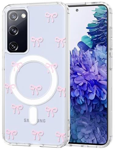TVVTPU Magnetisch Hülle für Samsung Galaxy S20 FE Kompatibel mit MagSafe, Aesthetic Schleifen Muster Handyhülle Nie Vergilbung Dünne Transparent Hard PC Rückseite Stoßfester Kratzfest Case, Rosa