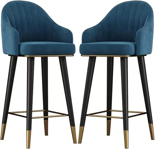 Barhocker aus Samt, drehbar, mit gebogener Rückenlehne, Fußstütze und Anti-Rutsch-Pads, hohe Ess- und Pub-Hocker, Blau, 75 cm, 2 Stück