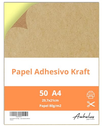 Papel Adhesivo para imprimir Kraft | 50 hojas A4 | Etiquetas adhesivas A4 | Tamaño 21x29,7cm | Papel adhesivo impresora inkjet y laserjet | Crea tus propias etiquetas adhesivas