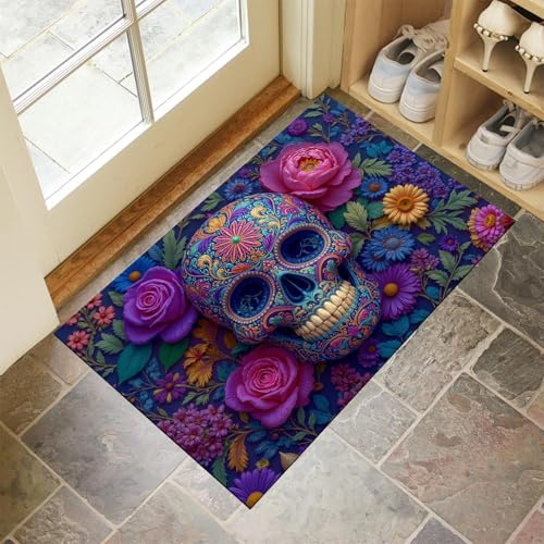 MULERN Schmutzfangmatte Innen Waschbarer Fussmatte, Totenkopf Blume Muster Tradition Kunst Teppiche, Niedriger Flor rutschfest, für Flur Eingangsbereich Küche, 50x80cm, Lila-Blau