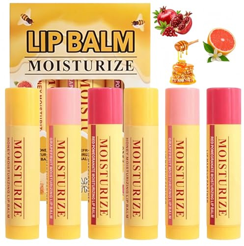 6PCS Bees Lips Balm Honey Lip Balm Set,Mini Lip Balms for Dry Cracked Lips,Moisturising Lip Care Set with Vitamin E,3 Fruity Flavours Natural Formula,Hydrating Tinted Lip Care,Reduce Lip Lines