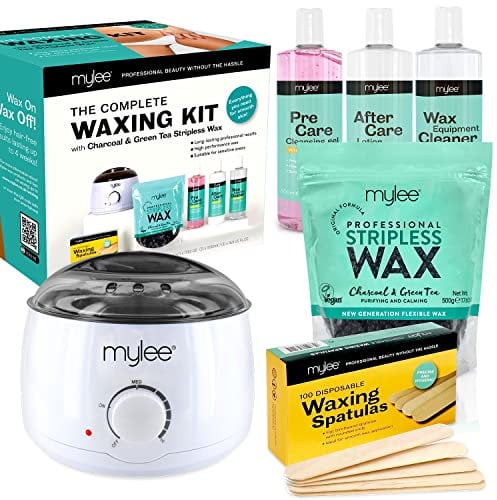 Mylee Professional Complete Waxing Kit with Wax Heater, Hard Wax Beads 500g, Applicator Spatulas, Pre & After Care Gel, Equipment Cleaner (Charcoal & Green Tea)