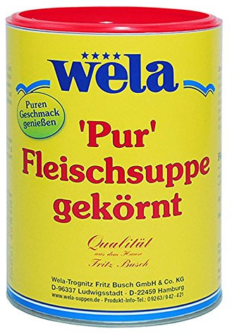 Wela Fleischsuppe gekörnt 'Pur' 1kg delikat ausgeprägter Bouillon-Geschmack. Ideal als bekömmliche Trinkbrühe oder Suppendrink