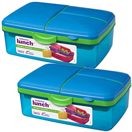 Sistema 1.5L 1.5 Litre 50.7oz Slimline Quaddie Lunchbox - Blue, Set of 2 - Phthalate & BPA Free.