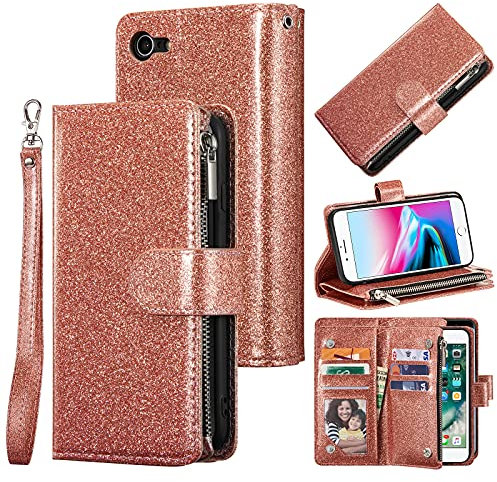 UEEBAI Wallet Case for iPhone 7/8/SE 2022 5G/SE 2020, Premium PU Leather Magnetic Handbag Zipper Case Kickstand Card Slots Wrist Strap Flip Cover for iPhone SE3/SE2 - Rose Gold
