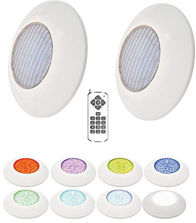 Foco Piscina Led 25W RGB 12 Colores Pack 2 + Mando - Instalación en Superficie de Piscina 2250 lumens Alta luminosidad - Slim Plus Nuevo DISEÑO Multicolor con tecnologia RGB - 12V Ø205 x 90mm