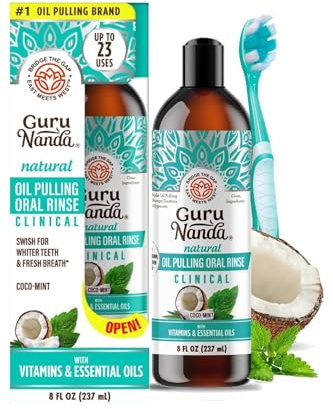 Old GuruNanda Whitening Pulling Oil & Dental Kit, Ayurvedic Blend of Coconut Oil & Pure Peppermint Essential Oil. Natural TeethWhitening Oral Rinse, Helps Bad Breath, Healthy Gums (8 fl. oz. x 2)