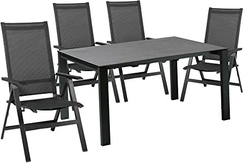 acamp Gartenmöbel Set wetterfest | Urban 4er Set Gartenstühle klappbar mit atmungsaktivem Acatex-Gewebe | Extensio Gartentisch ausziehbar mit Aluminium-Gestell | Sitzgruppe Garten in Anthrazit