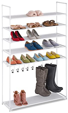 Relaxdays Schuhregal 6 Ebenen, Stecksystem, 20 Paar Schuhe, 7 Stiefelhaken, Metall & Stoff, Flur Schuhablage, weiß