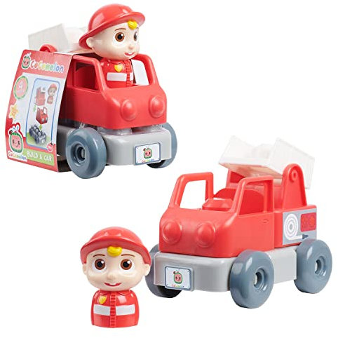 CoComelon, Giochi Preziosi CCM131 Fahrzeug mit Figur, 4-teilig, Bausteinbau, Modell J.J Feuerwehrauto, Spielzeug für Kinder ab 18 Monaten