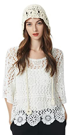 ZLYC Women Baumwolle Strickmütze Handgemacht Gehäkelter Strick Sommer Blumens Mütze (Blumen Beige)