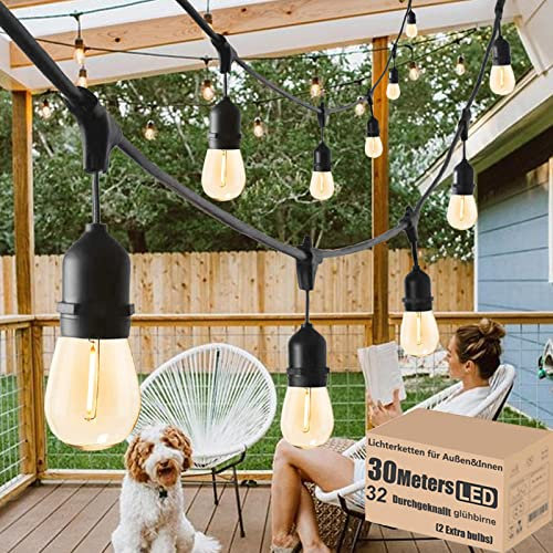 Lichterkette Außen 30M ST45 LED Lichterkette Glühbirnen außen Warmweiß 2700K Lichterkette Glühbirnen IP65 Wasserdicht 30 X 1W E27 Glas Birnen für Hochzeit Party