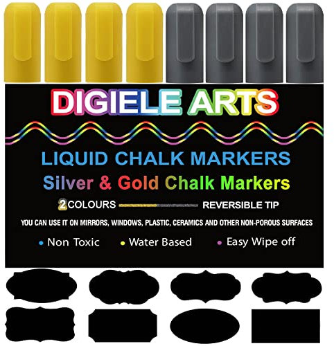 DIGIELE Kreidestift Gold + Silber, 4 Kreidestifte Gold + 4 Kreidemarker Silber 6mm+32 Tafel Labels, Trocken oder Feucht Abwischbare Flüssigkreide, Reversibel Stiftspitze-Whiteboard/Tafel/Fenster/Glas