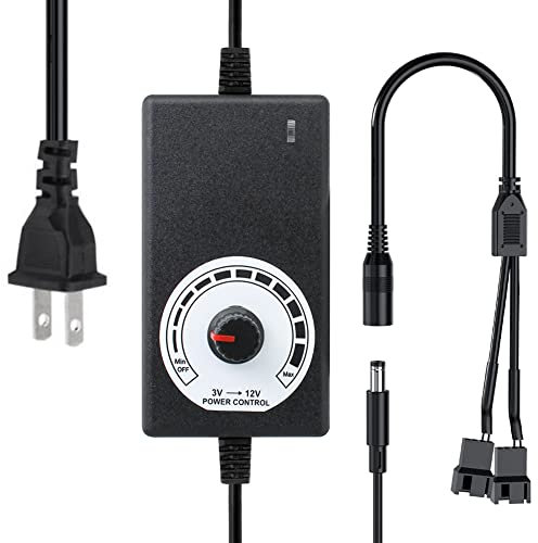 Delinx 12V Power Supply, PC Fan Speed Controller, 100-240vAC to 3-12vDC 24W Adjustable Adapter With Splitter Cable, DC Female to 2 x 3/4 Pin, Multi-Functional