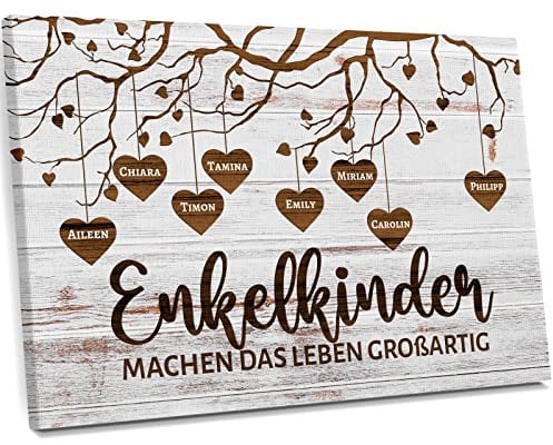Love Faith Meine Enkelkinder Leinwand 90 x 60 cm - Personalisiertes Wandbild mit bis zu 16 Namen im Querformat - Geschenk für Oma & Opa und Muttertagsgeschenk