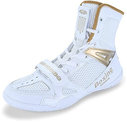 Chaussures de Boxe pour Hommes Femmes Chaussures de Lutte pour Adolescents Chaussures de Boxe thaïlandaises Chaussures d'entraînement aux Arts Martiaux Chaussures de Sport (39,Blanc - Or)