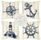 Kissenbezug Outdoor 45 x 45 Wasserdicht Sofakissen Nautisch Ozean Leinen Dekokissen Kompass Ruder Anker Leuchtturm Weißholz Hintergrund 4er Kissenhülle Deko für Wohnzimmer Sofa Garten Terrasse Auto