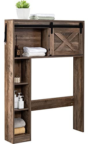 LIFEZEAL Meuble Dessus de Toilette avec Porte Coulissante et 3 Étagères, Meuble de Rangement de Toilette, Meuble pour Lave-Linge pour Salle de Bain, Balcon, Buanderie (Marron)