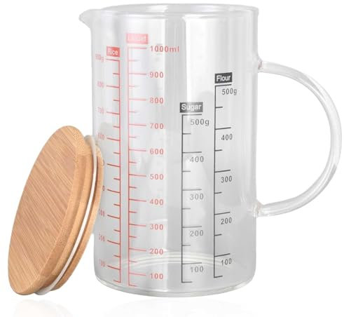 HERCHR Misurino in Vetro, Bicchiere di Misura in Vetro, Bicchiere Graduato con Manico E Coperchio, Tazza in Vetro Resistente Al Calore, Per Cuocere, Cucinare, Versare Liquidi(1000ml)