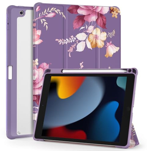 OKP for iPad 9th/ 8th/ 7th Generation Case (2021/2020/2019), iPad 10.2 inch Cases with Trifold Stand, Slim ipad 9/8/7 th gen Cover with Pencil Holder for Kids Women Men, Clear PC Back Shell, Peony