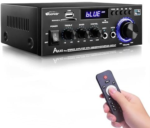 AK45 Pro HiFi-Verstärker WOOPKER Mini Verstärker, 500W,2 Kanäle Bluetooth Verstärker HiFi Stereo w/UKW-Radio, USB,SD,RCA,MIC In,Audio Verstärker Receiver für Zuhause oder Auto