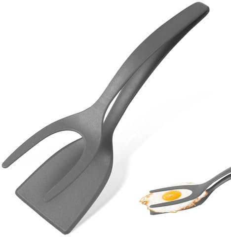 lasuroa 2 in 1 Egg Spatula, Anti-Stick Nylon Fried Egg Turners Grip 2 in 1 Spatula and Tongs for Cooking, Flipping Spatula Tongs Grill Clamp Flipper 2 in 1 Shovel Kitchen Tool for Toast Pie (Gray)