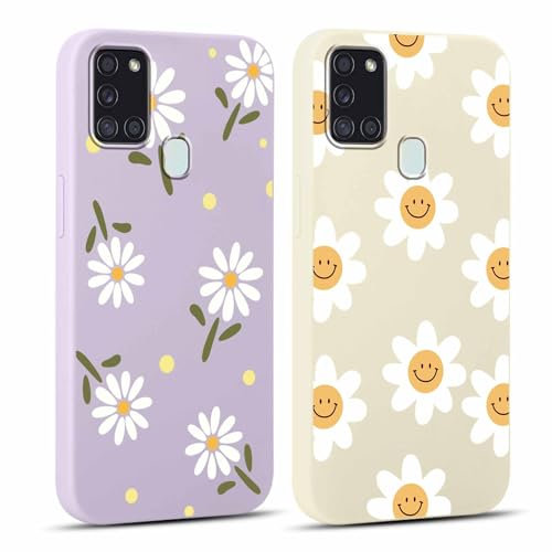 Yoedge 2 Stück HandyHülle für Samsung Galaxy A21s 4G Hülle 6,5, Mädchen Schutzhülle Blumen Muster Aesthetic Design,Frauen Geschenk Weich Silikon Stoßfest Cover Case für Samsung A21s 4G, Lila Blume