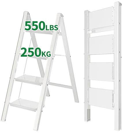 YOUTHCLUB 4 Step Aluminum Ladder, Lightweight Folding Step Stools for Adults with Wide Anti-Slip Pedal, 550 lbs Capacity, sturdy Portable Household and Office Stepladder, Space-Saving, White