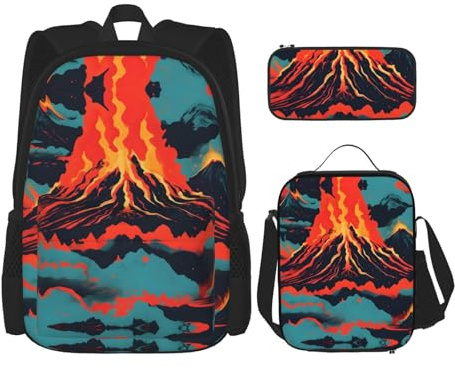DRTGEDS Volcano Rucksack mit Lunchbox, 3-in-1-Set mit Federmäppchen, Rucksack mit großem Fassungsvermögen und Brustgurt