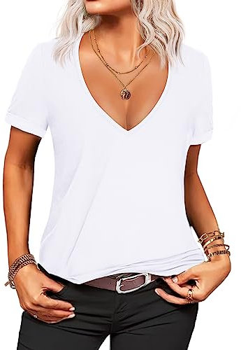 Zeagoo Womens Summer V Neck T-Shirt Short Sleeve Basic Solid Color Blouse Shirts White XL