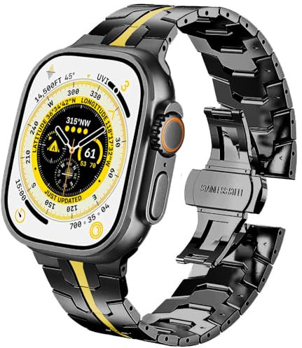 DEALELE Strap Compatible with Apple Watch 49mm 45mm 44mm 42mm, Thin Iron Man Stainless Steel Metal Replacement Bands for iWatch Series 9/8 / 7/6 / 5/4 / 3 / SE/Ultra Women Men, Black-gold
