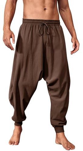 Runcati Hosen Herren Einfarbig Loose Fit Sommerhose Wikinger Pirat Mittelalter Leicht Elastische Taille Baggy Freizeithose Mit Kordelzug Und Taschen Hippie Hose Braun XXL