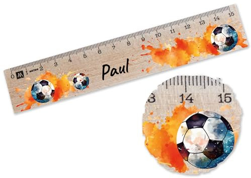 Holz Lineal 15cm - Holzlineal mit Namen und Fußball Motiv - Ideal für die Grundschule - Geschenk zur Einschulung - 15 cm - Holz - personalisierte geschenke fussball einschulungsgeschenk