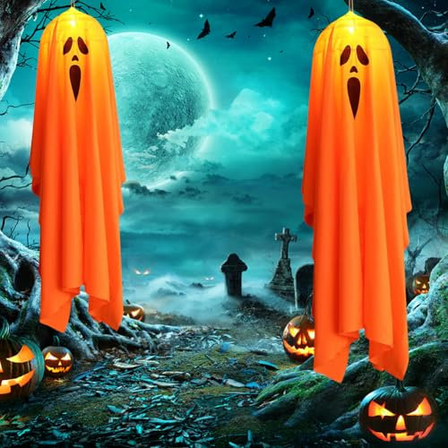 Starnearby Halloween Deko Outdoor, LED Hängende Geister, Lichterketten Halloween Geist Hängende Dekoration für Party, Terrasse, Rasen, Garten, Vorgarten Deko (2Pcs Orange A 90CM)