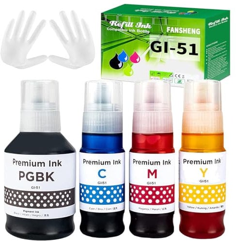 FANSHENG GI51 Ink Compatible with Canon GI-51 ink refill bottles for Pixma G1520 G1530 G1560 G2520 G2560 G2570 G3520 G3560 G4570 (4 Pack Black/Cyan/Magenta/Yellow)