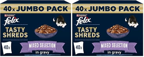 FELIX Tasty Shreds Mixed Selection in Gravy Wet Cat Food 40x80g (Pack of 2)
