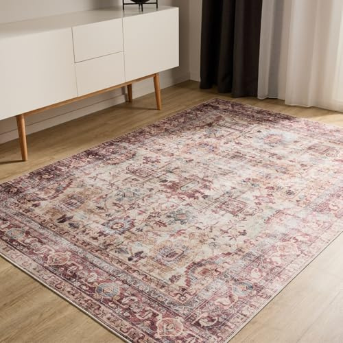 benuta Basic Waschbarer Teppich George - Multicolor/Pink 160x230 cm - Kunstfaser - Rechteckig & im Style: Vintage, Elegant, Retro - Pflegeleicht für Wohnzimmer Schlafzimmer