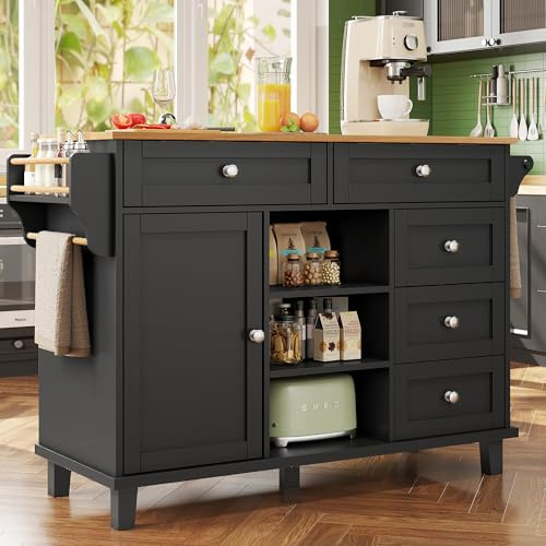 Küchenwagen, Kücheninsel Küchenschrank Esswagen Anrichte, Anrichte mit Rollen, Anrichte mit Türen e 5 Schubladen, Buffetschrank mit Lagerregal, Mobiles und Festes Dual-Use,134x46x92cm(schwarzer)