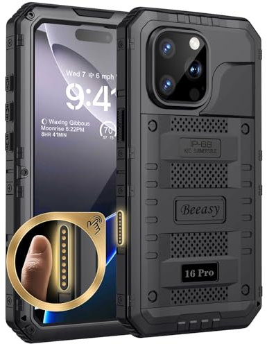 Beeasy for iPhone 16 Pro Case Waterproof Heavy Duty Metal Armour Cover Shockproof Dustproof Built-in Screen Protector, Robust Full Body Protective Military Rugged Case for iPhone 16 Pro, Black