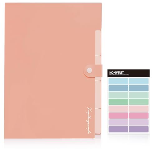 KONVINIT Dokumentenmappe a4 - Fächermappe mit Erweiterbar 5 Tasche Mappen Ordnersystem Document Folder mit bunten Labeln Mappe Organizer für Büro Hause Schule Dokumente,rosa