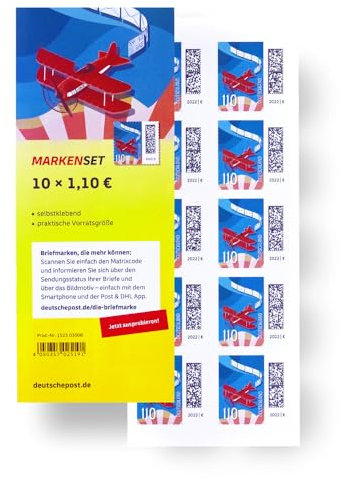 10 Stück 1,10 EUR 1,1 EUR € postfrische selbstklebende Briefmarken | Frankaturware Markenset (Motiv: Luftpost)