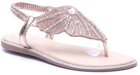 SAINT VINNA Angel Wing Butterfly Diamante Elasticated Strap Strappy Comfortable Cushioned Padded Flat Sandals (Rose Gold, UK Footwear Size System, Adult, Women, Numeric, Medium, 5)