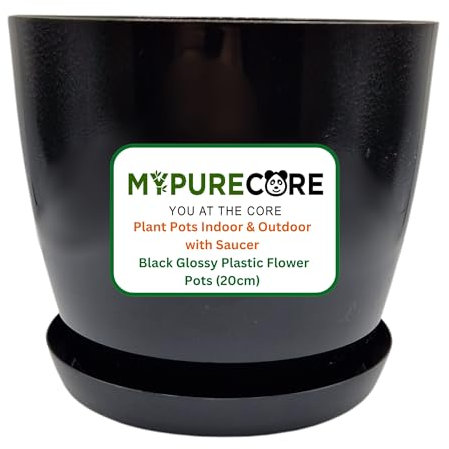 MYPURECORE Plant Pots Indoor 20cm with Saucer – Stylish Glossy Plastic Flower Pot – Durable Indoor & Outdoor Planter for House Plants, Herbs, & Succulents (Black, 20 cm)