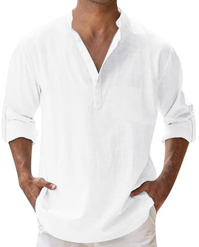 Chemise Lin Homme Manches Longues Été Mao Chemise de Plage Classique Décontractée Casual Regular Fit