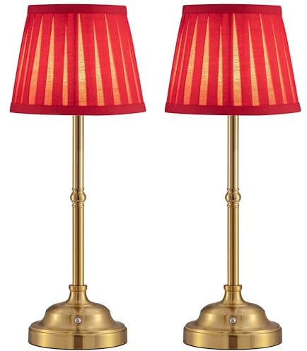 VISDANFO LED Tischlampe Kabellos 2er Set, Dimmbare Vintage Nachttischlampe, Retro Tischlampe Akku, 4000mAh Batteriebetrieben, Geeignet Für Innen, Outdoor, Bar, Wohnzimmer (Gold + Rot Lampenschirm)