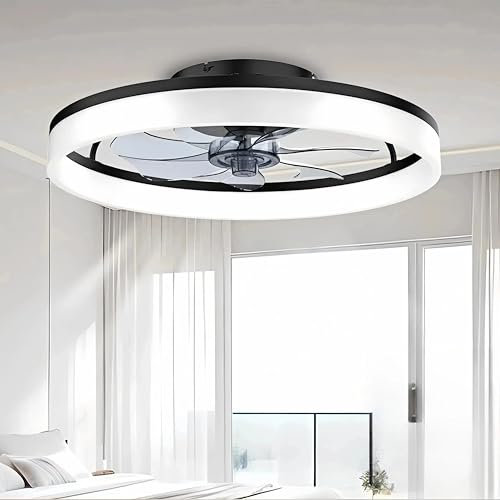 DWDVBL 50CM Modern Ceiling Fans with Lights Reversible Fans with Remote Smart Lighting Timing 6 Speeds Low Profile Ceiling Fan with Light Dimmable LED Fan Light Flush Mount for Bedroom