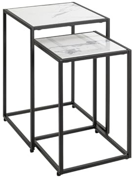 HAKU Beistelltische 2er Set schwarz weiß Kunstmarmor Metall Couchtisch Sofatisch - Maße: B 28/33 x H 43/50 x T 28/33 cm Style: Art Deco