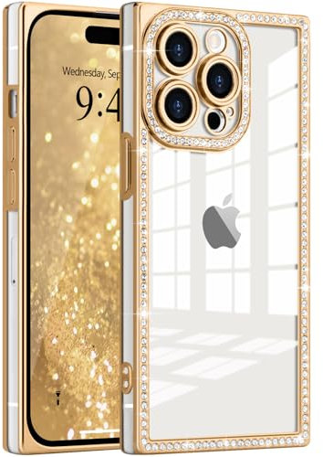 ROSEHUI Glitter Case for iPhone 15 Pro Max,Clear Rectangle Electroplated Sparkle Bumper with Bling Rhinestones Phone Case for Women,Sparkly Diamond Camera Protection Soft Slim TPU Cover-Gold